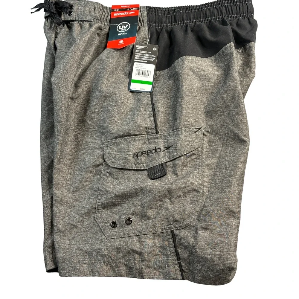 Speedo Men Swim Trunks Gray Black Size L UV Protection Cargo Pocket Board Shorts